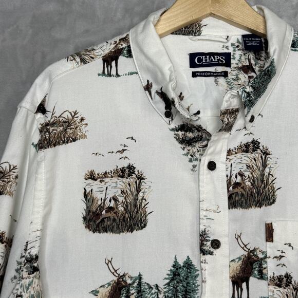 Chaps Shirt Mens 2XL White Wildlife Hunting Deer Duck Dog Print Flannel Button - Picture 2 of 11